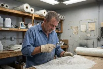 Homme d'âge moyen examine une fibre de mat en intérieur