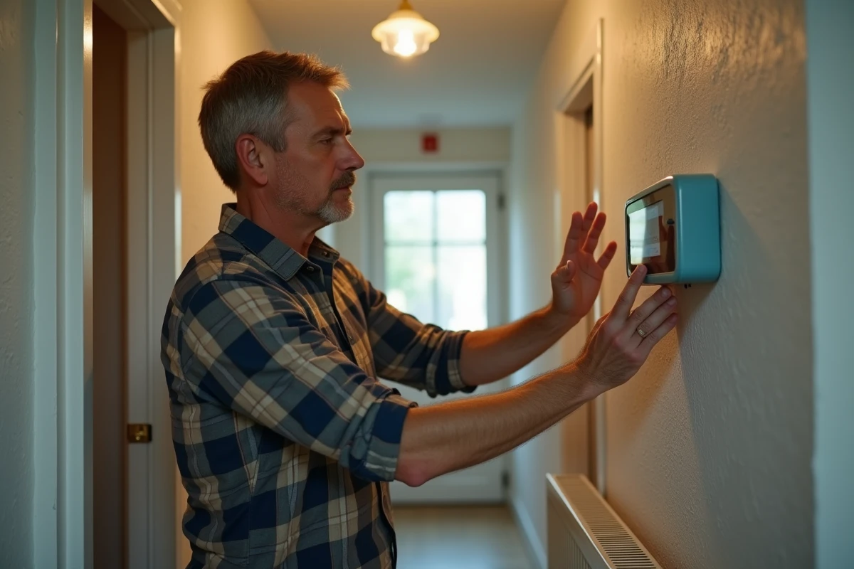 Homme inspectant un compteur Linky dans un couloir