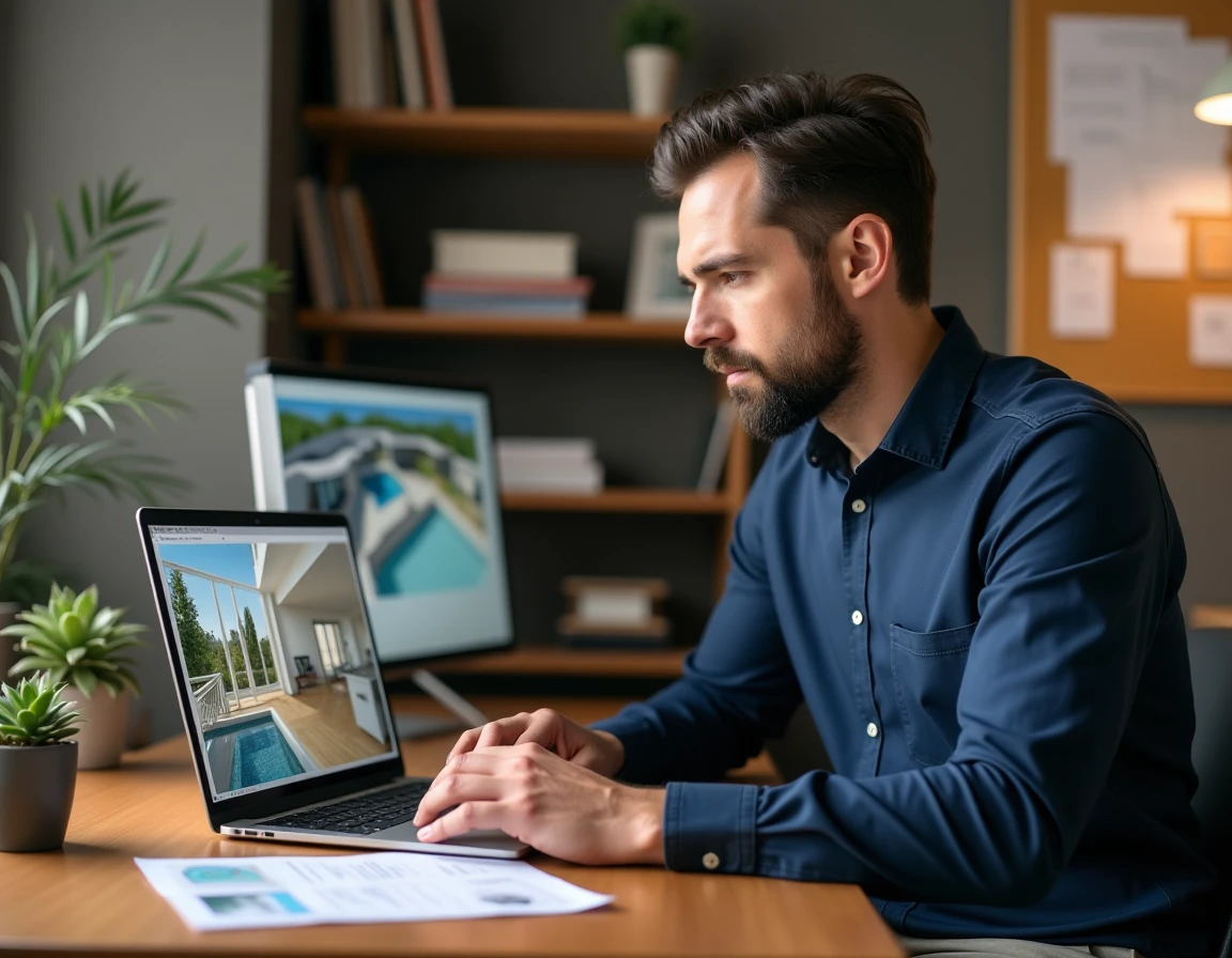 Homme analysant une visualisation 3D d'un bien immobilier sur ordinateur portable avant signature avec COZYCASA