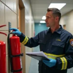 Inspecteur de sécurité vérifiant un extincteur électrique rouge dans un couloir de bureau avec une check-list de sécurité en 2026