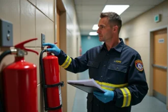 Inspecteur de sécurité vérifiant un extincteur électrique rouge dans un couloir de bureau avec une check-list de sécurité en 2026