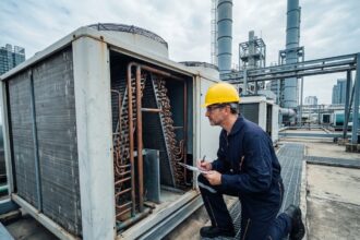 Ingénieur inspectant un condenseur industriel sur le toit d'une usine avec clipbard et équipements de protection