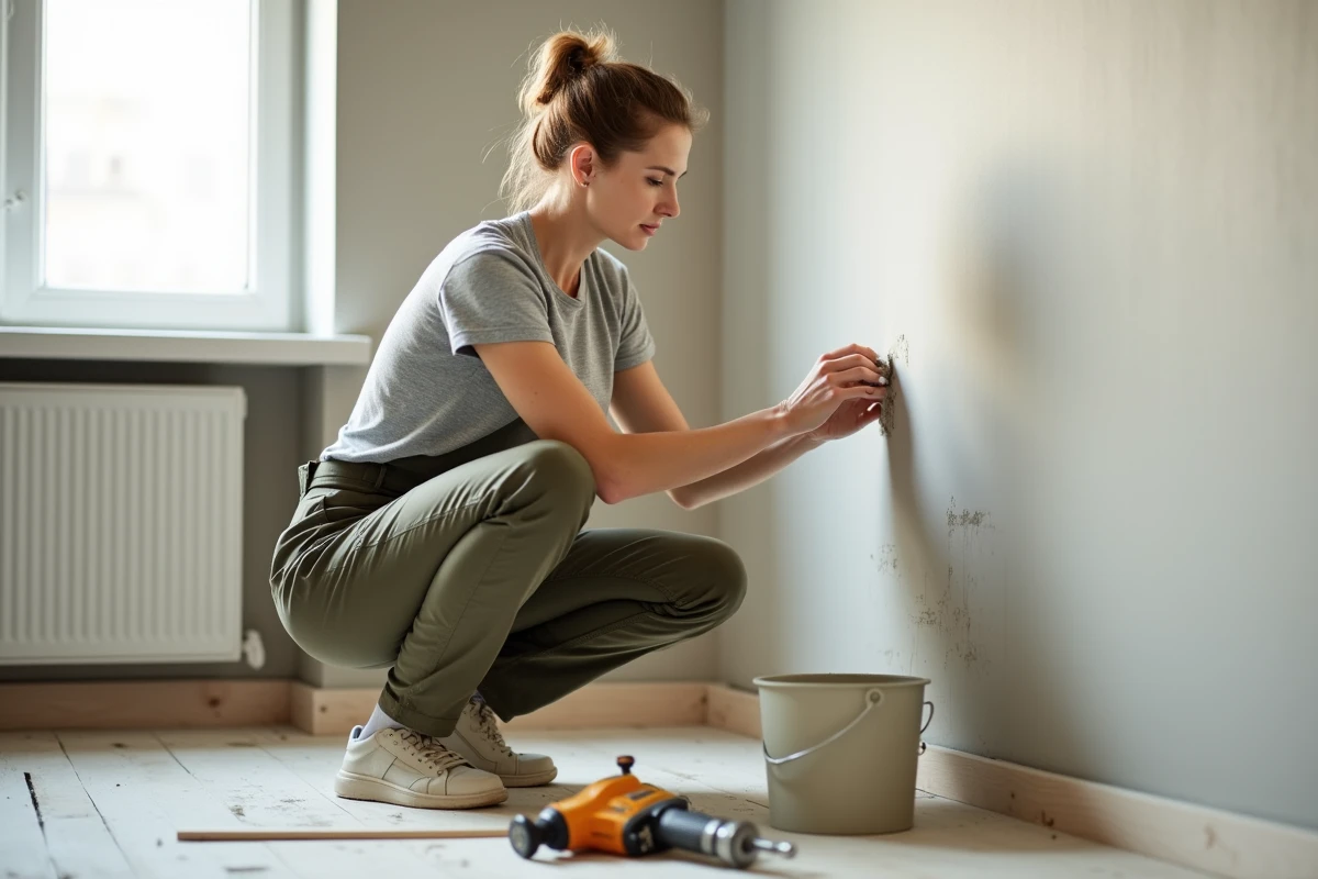 Femme inspectant la surface d'un mur recouvert d'enduit map séché dans une pièce en cours de rénovation