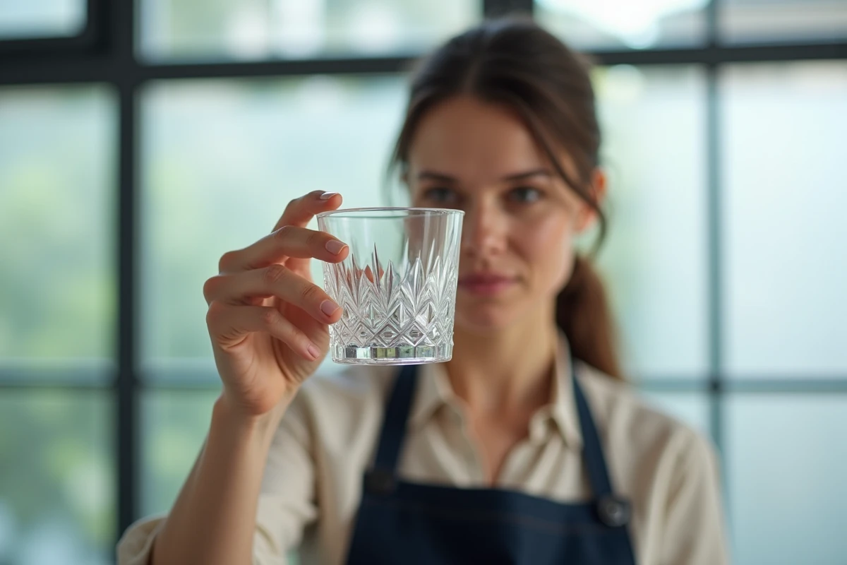 Femme inspectant un verre à whisky en cristal à contre-jour pour détecter des traces ou des taches