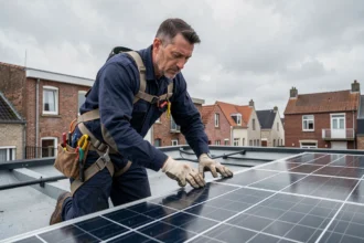 Installateur de panneaux solaires posant des modules photovoltaïques sur un toit en briques dans le Nord de la France