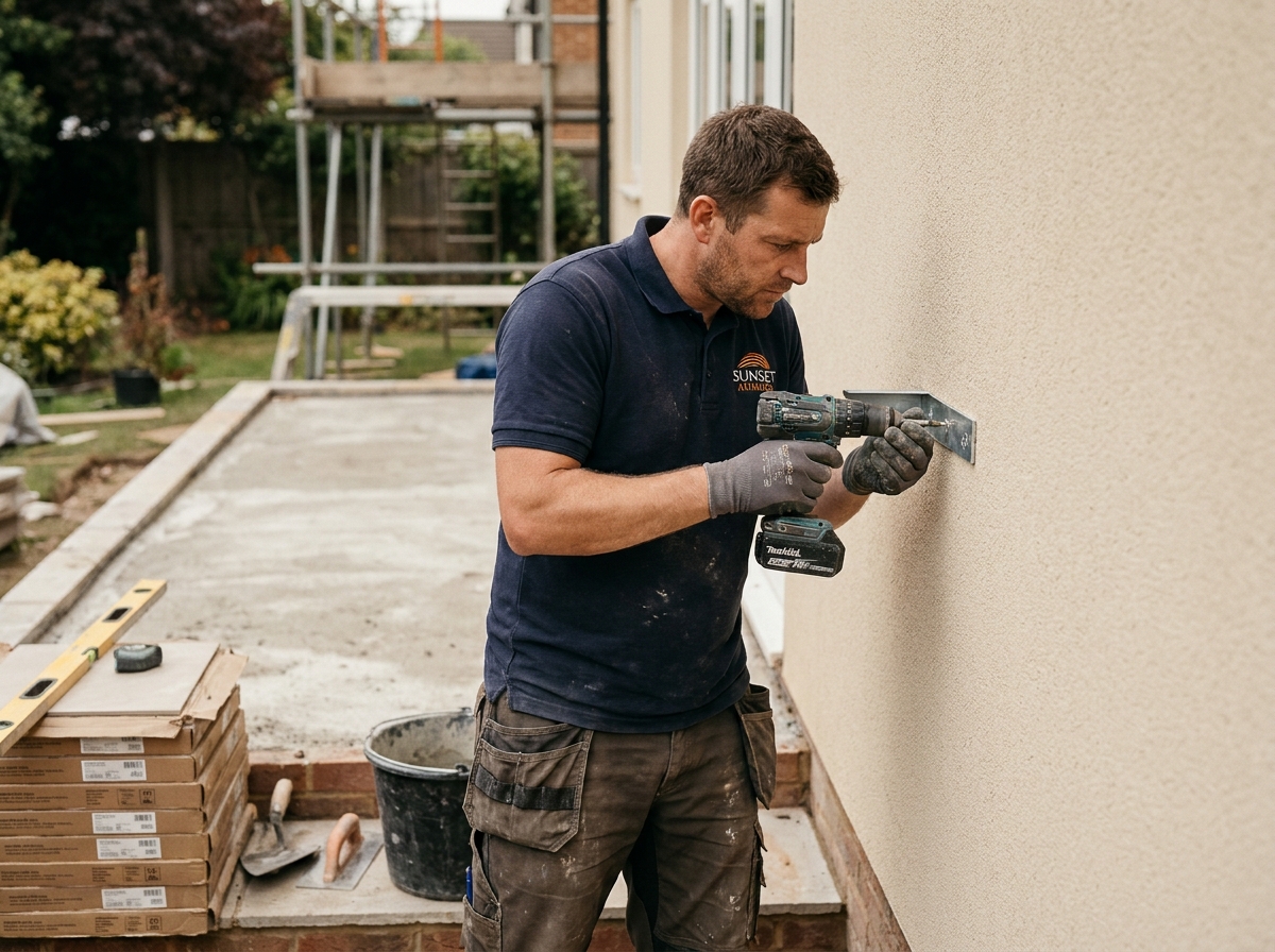 Technicien installant un store banne sur une maison pendant la rénovation d'une terrasse en chantier