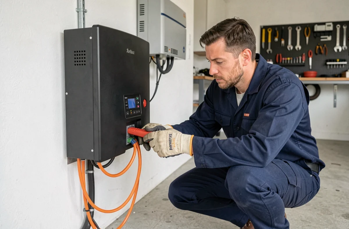 Technicien installant un système de stockage par batterie lithium pour kit solaire 3000W dans un garage