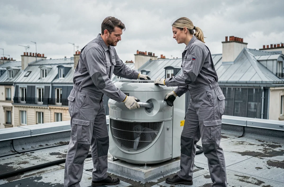 Deux techniciens installant un nouveau compresseur de pompe à chaleur sur une terrasse urbaine