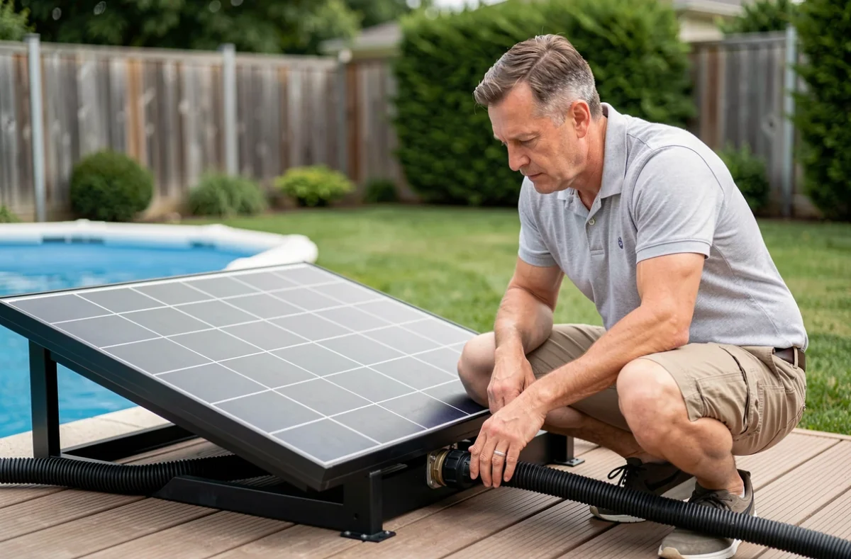 Homme installant un panneau solaire de chauffage de piscine hors-sol sur une terrasse en bois dans un jardin moderne
