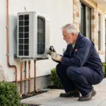 Technicien installant une pompe à chaleur air-air sur la façade extérieure d'une maison contemporaine