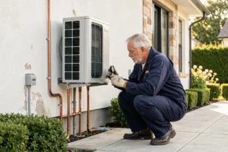 Technicien installant une pompe à chaleur air-air sur la façade extérieure d'une maison contemporaine