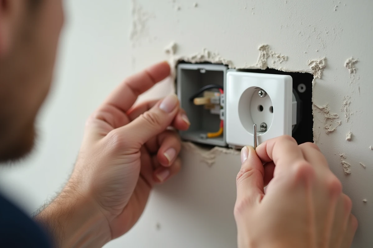 Électricien installant une prise double Legrand dans une boîte d'encastrement lors de travaux de rénovation