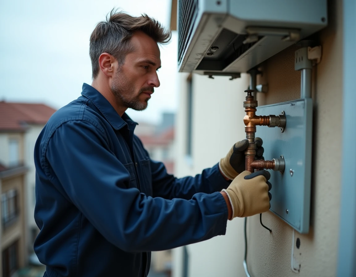 Technicien en climatisation installant l'unité extérieure d'un climatiseur réversible sur une façade résidentielle