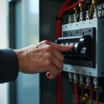 Main d’électricien réinitialisant un disjoncteur moderne dans un panneau électrique propre