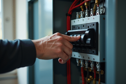 Main d’électricien réinitialisant un disjoncteur moderne dans un panneau électrique propre