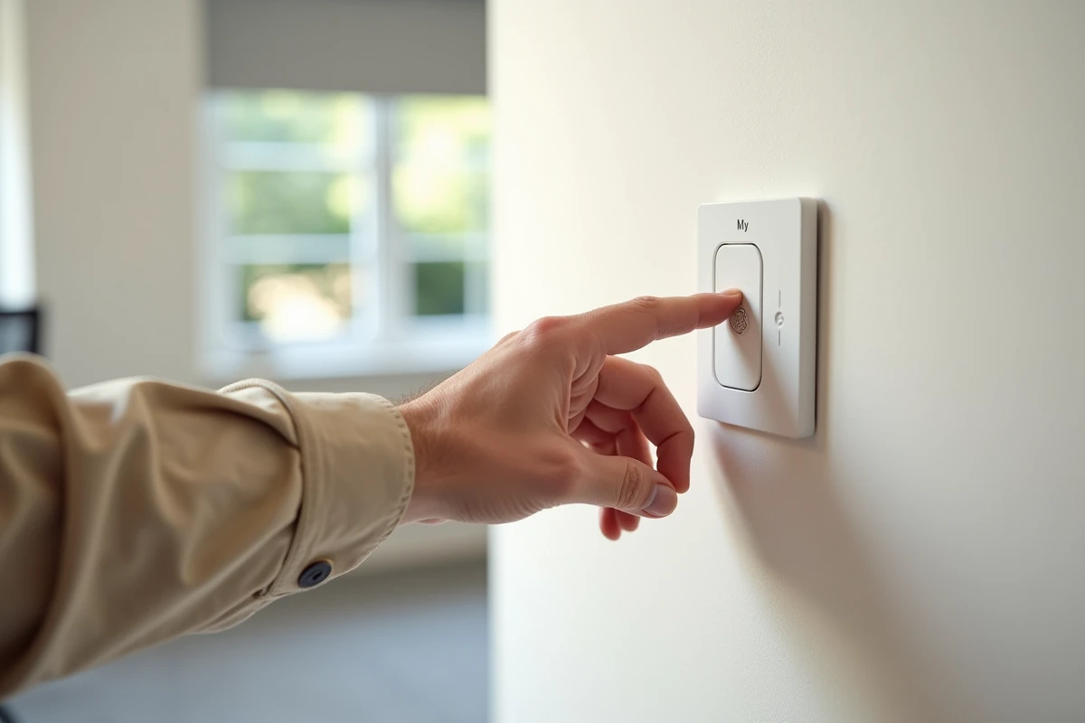 Mains appuyant sur un interrupteur mural Somfy Smoove pour programmer la position My d'un volet roulant