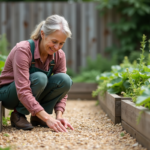 Femme de jardinage en vêtements pratiques examine un chemin de gravier