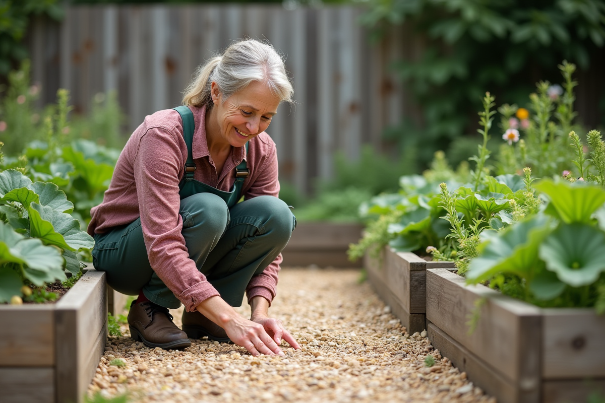 Femme de jardinage en vêtements pratiques examine un chemin de gravier