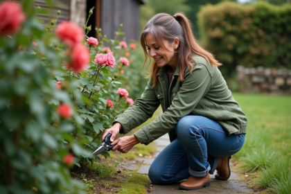 Femme en denim vert taillant un rosier dans un jardin