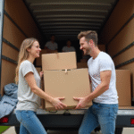 Jeune couple souriant chargeant des cartons dans un camion de déménagement