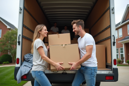 Jeune couple souriant chargeant des cartons dans un camion de déménagement