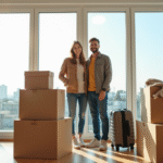 Jeune couple souriant devant des cartons de déménagement dans un appartement