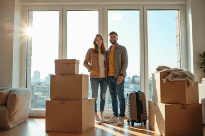 Jeune couple souriant devant des cartons de déménagement dans un appartement
