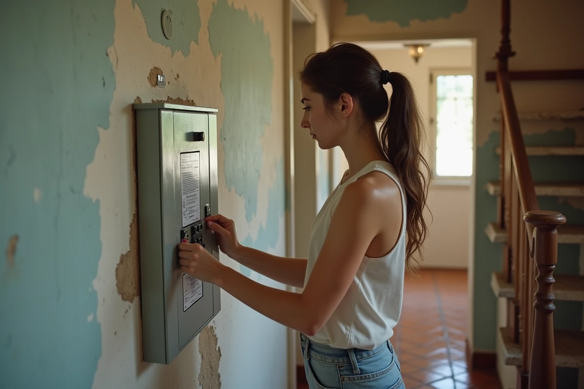 Jeune femme vérifiant un tableau électrique dans une maison rénovée