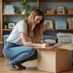 Jeune femme crouchant pour étiqueter des vêtements dans un appartement