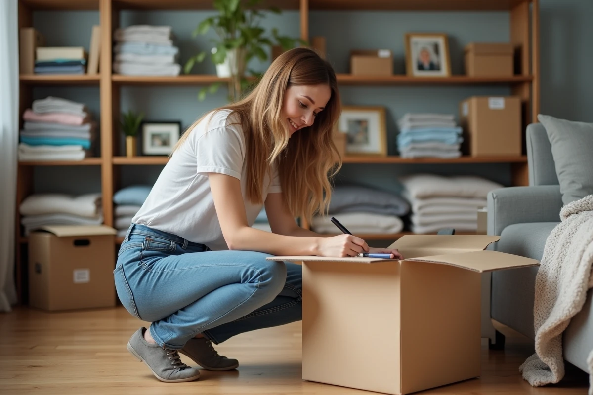 Jeune femme crouchant pour étiqueter des vêtements dans un appartement