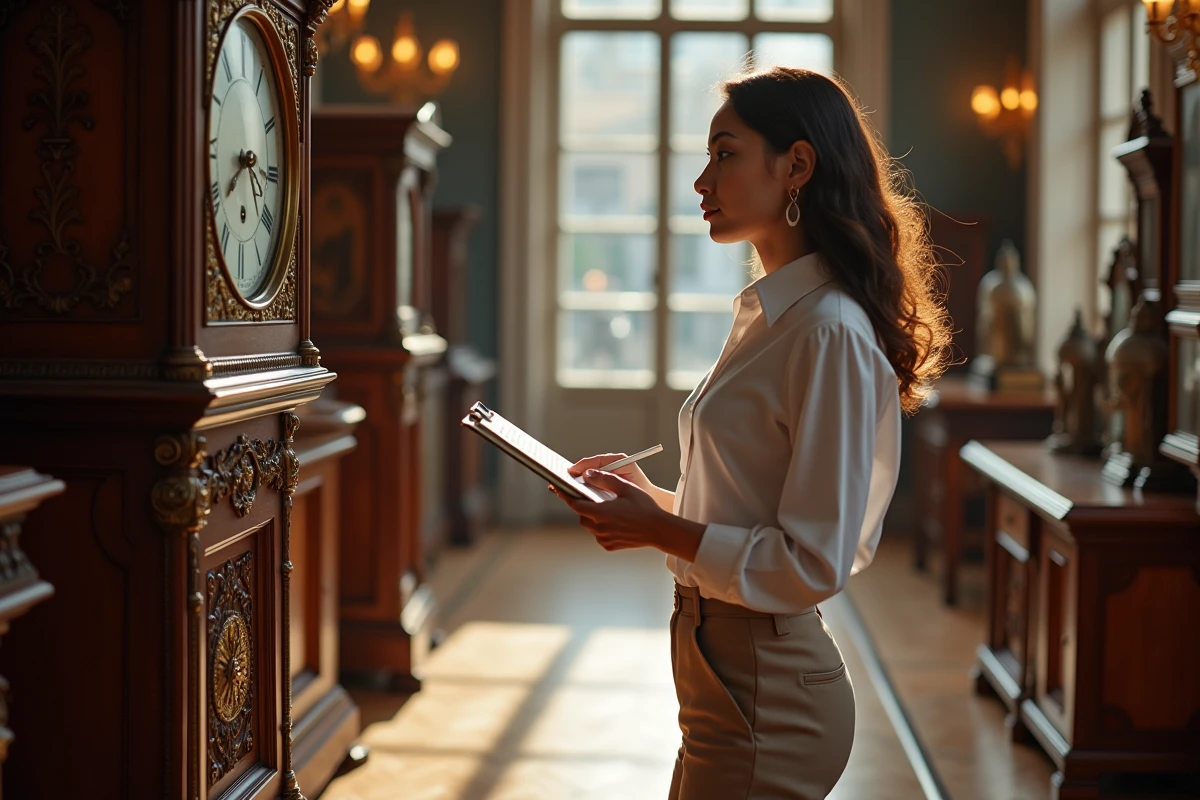 Jeune femme inspectant une horloge comtoise dans une boutique d