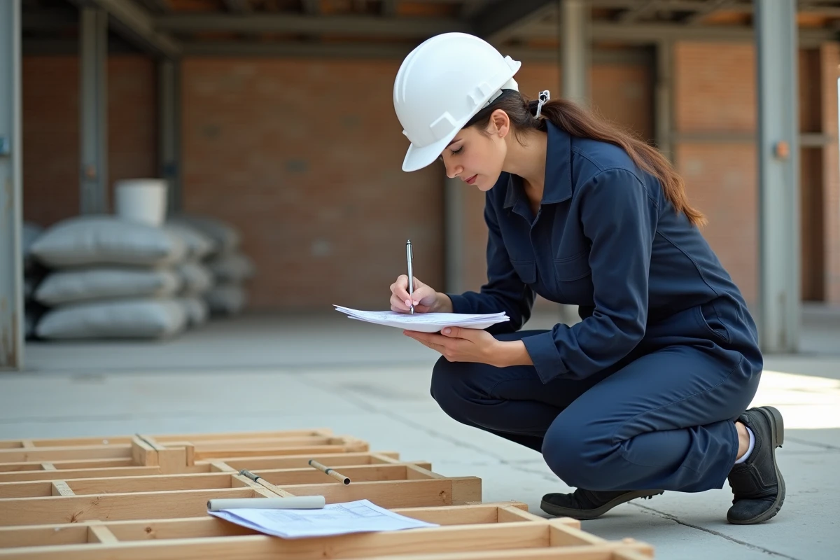 Jeune femme ingénieur dessinant des plans sur un chantier intérieur