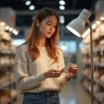 Jeune femme examine une lampe halogène en magasin de décoration