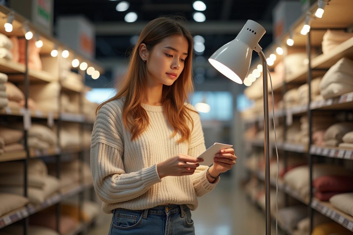 Jeune femme examine une lampe halogène en magasin de décoration