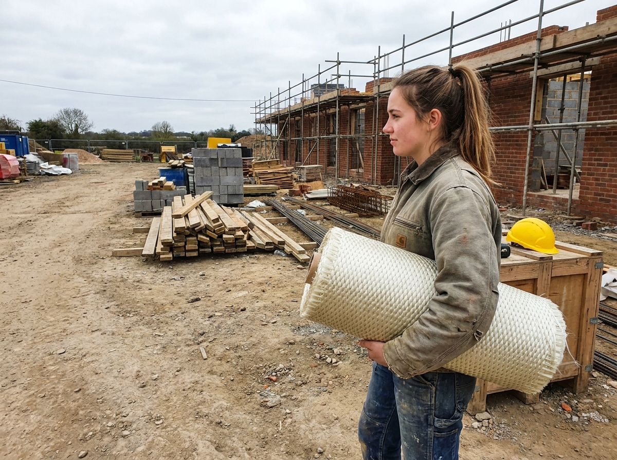 Jeune femme avec rouleau de fibre de verre à l