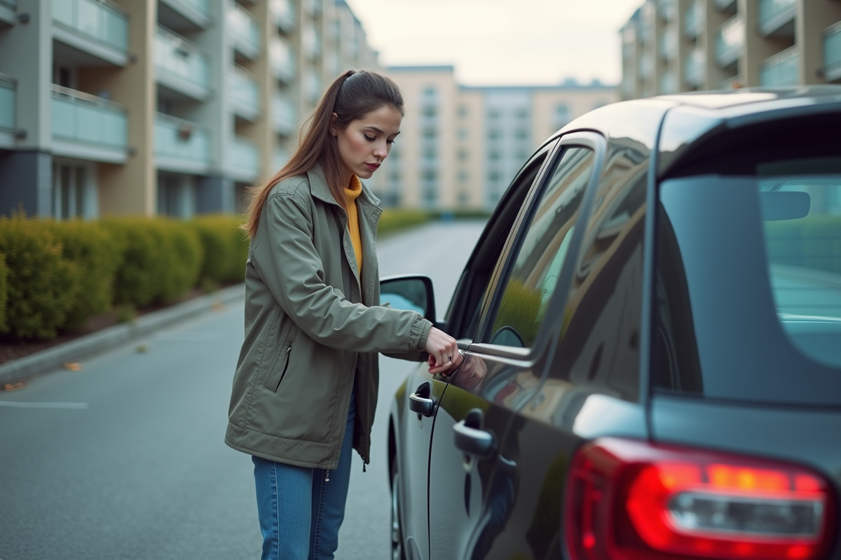 Jeune femme déverrouillant sa voiture dans un parking extérieur