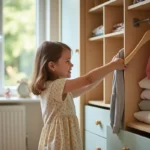 Fille souriante de 6 ans dans sa chambre organisée