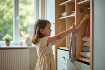Fille souriante de 6 ans dans sa chambre organisée