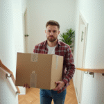 Jeune homme portant une boîte dans un appartement lumineux