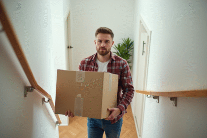 Jeune homme portant une boîte dans un appartement lumineux