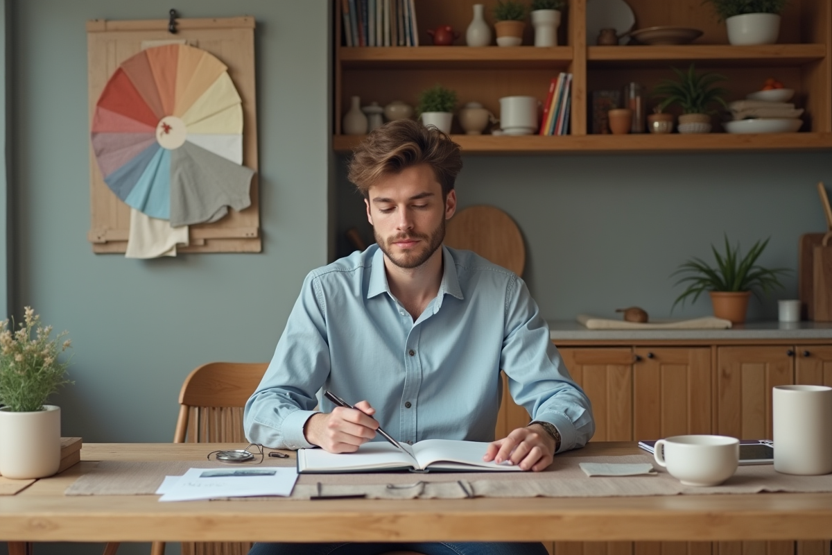 Jeune homme comparant des échantillons de tissu dans la cuisine