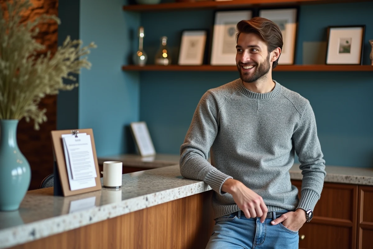 Jeune homme discutant dans un intérieur élégant