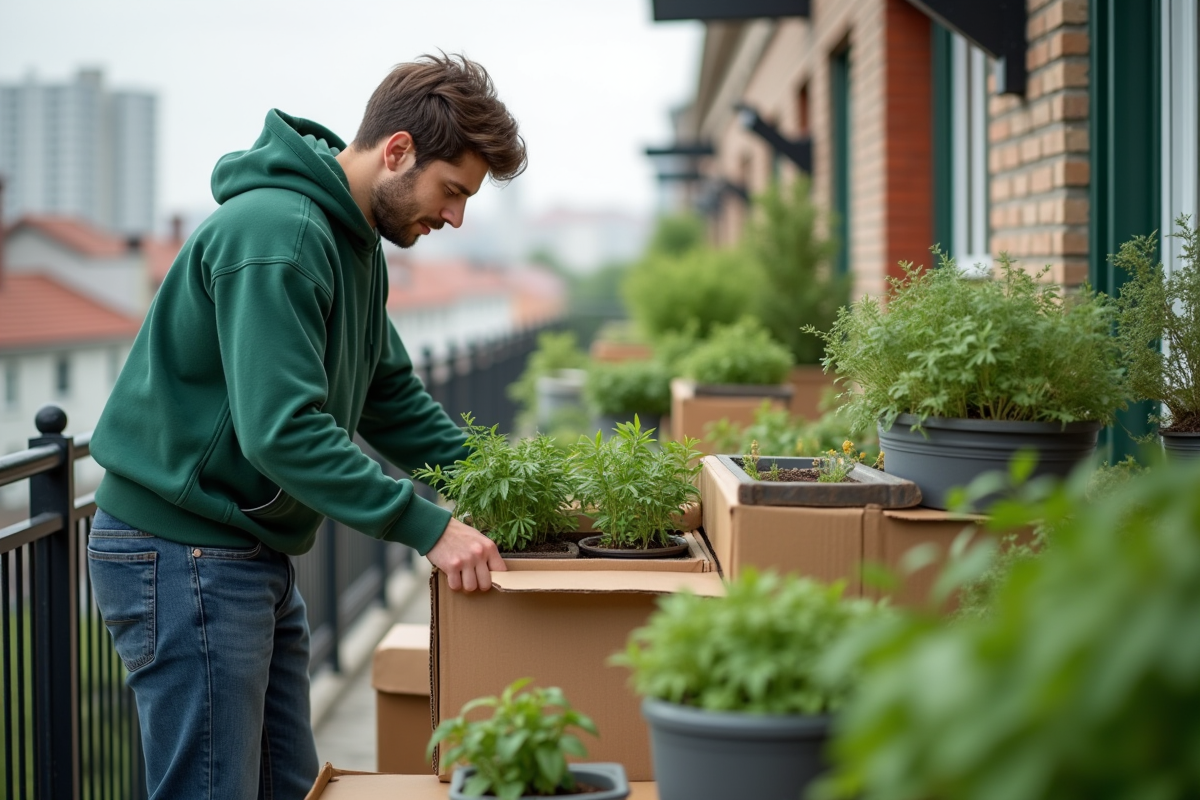 Jeune homme organisant des containers recyclés sur un balcon urbain