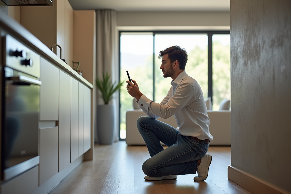 Jeune homme contrôlant ventilation dans cuisine moderne