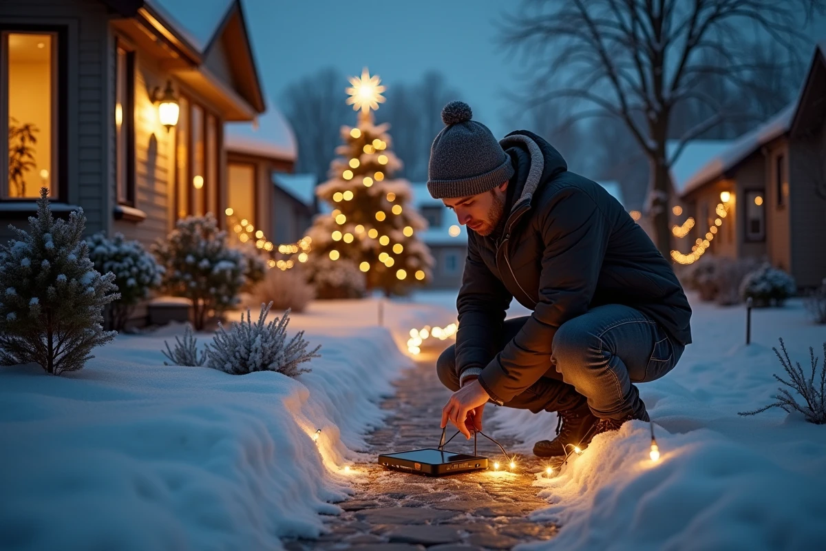 Jeune homme vérifie un panneau solaire pour lumieres de Noel