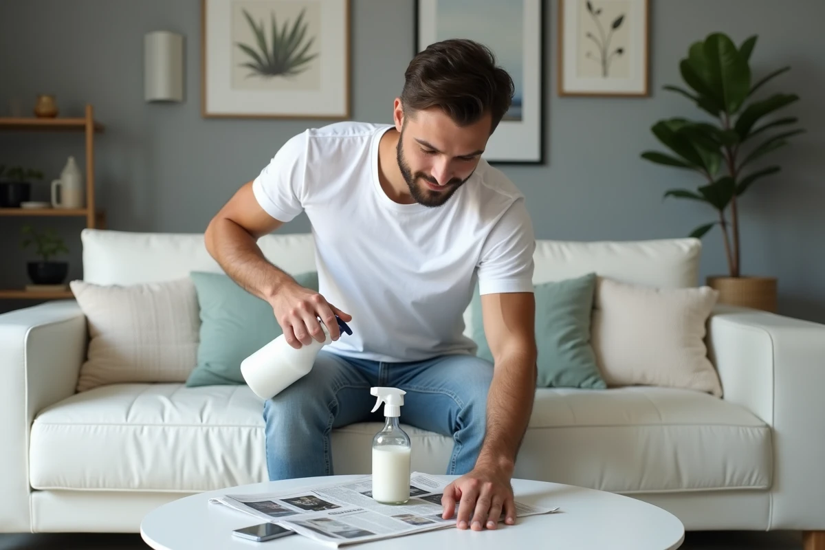 Jeune homme vaporisant un nettoyant naturel sur un canapé blanc