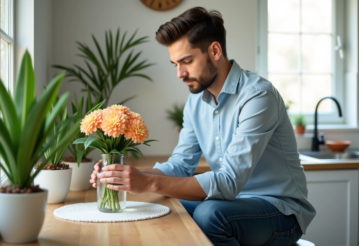 Jeune homme plaçant des alstroemeria dans un vase intérieur