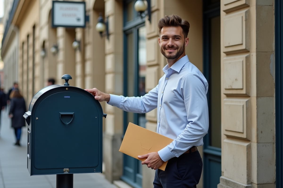 Jeune homme postant une enveloppe à la poste