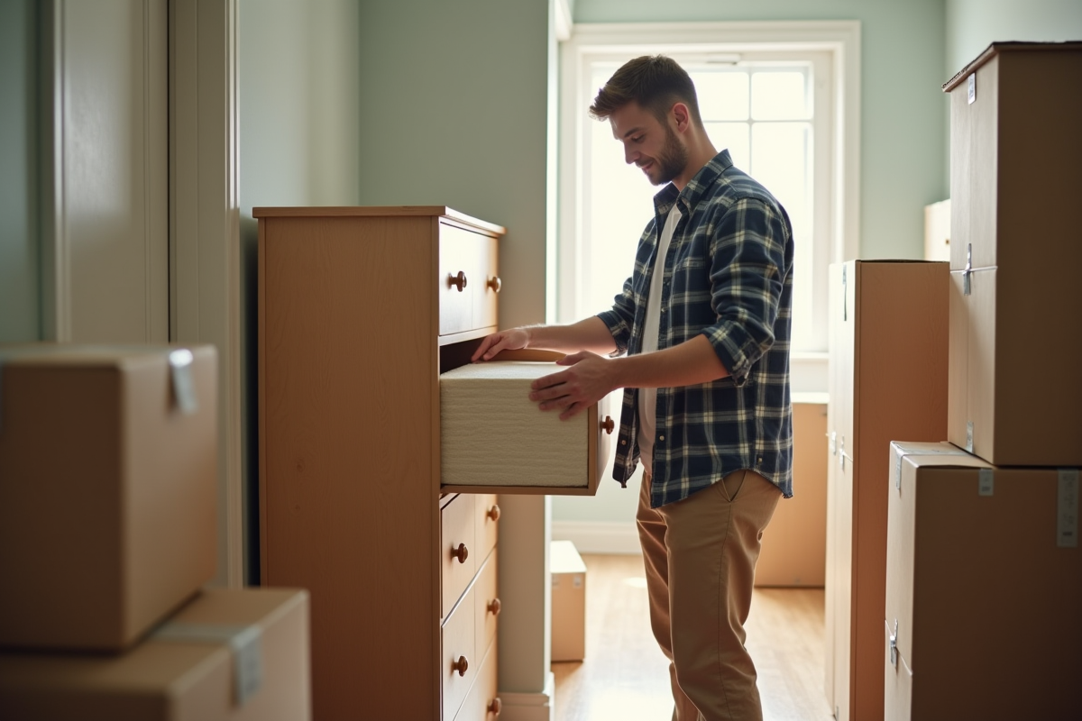 Jeune homme préparant un meuble pour déménagement dans un couloir