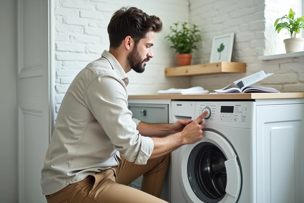 Jeune homme choisissant le programme eco sur une machine à laver